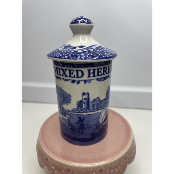 Spode Blue Italian Porcelain Mixed Herbs Spice Jar 4.5" Canister w/ Lid Perfect - Picture 1 of 8